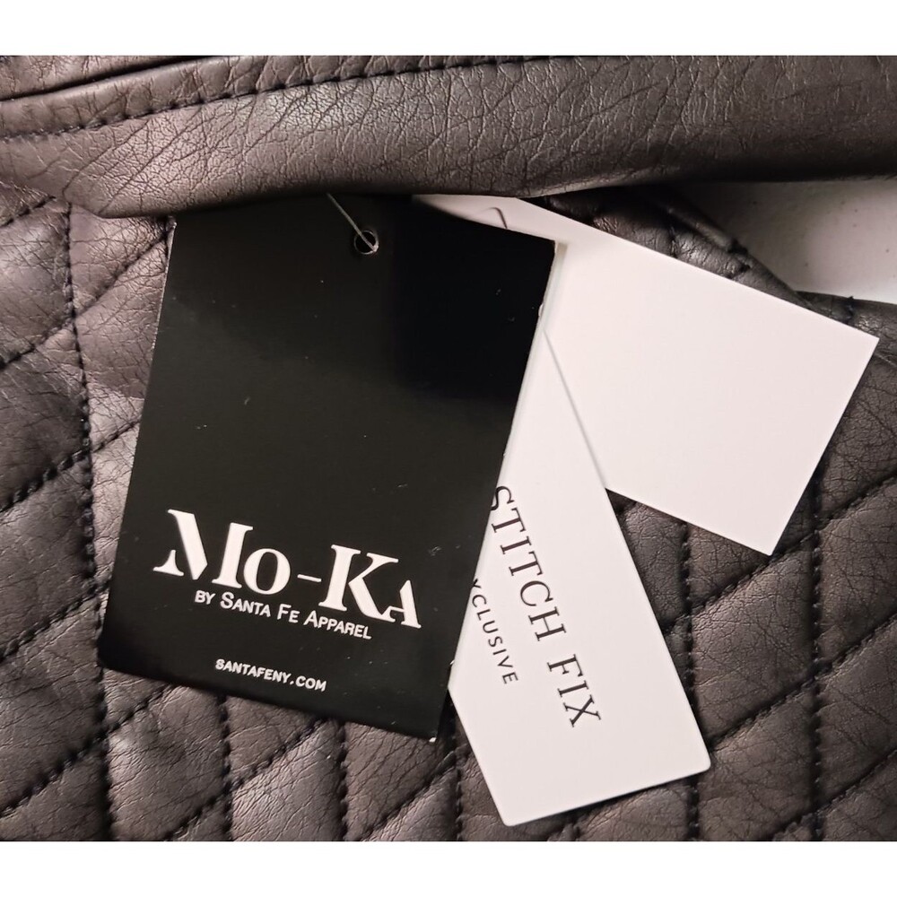 Stitch Fix Mo-Ka Womens Sz Large Gray Faux Leather Biker Jacket Meriam Knit Hood - Picture 4 of 6